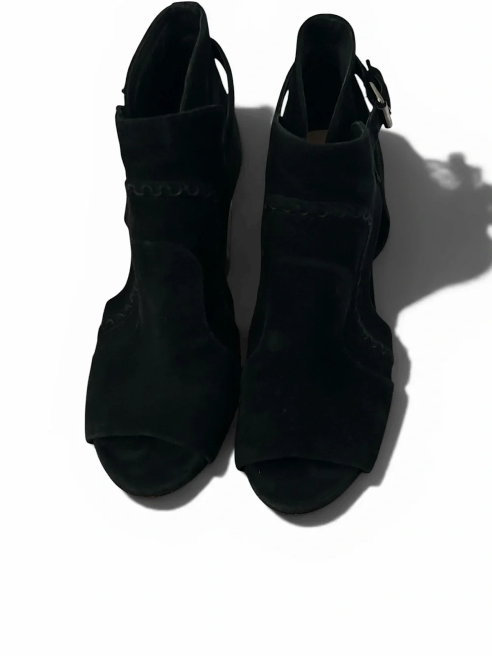 Vince Camuto Black Suede Conley Peep Toe Heels Buckle Size 8